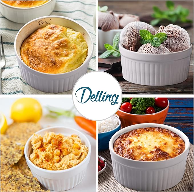 DELLING Ramekins 12 Oz Oven Safe Set of 6, Porcelain Souffle Dish for Baking - Creme Brulee Bowls for French Onion Soup Lava Cake Pudding, Stackable, White