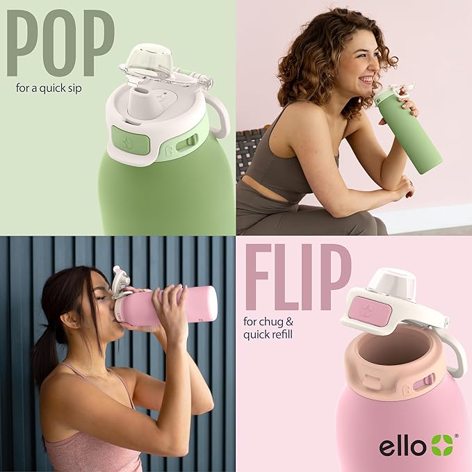 Ello Pop & Fill 22oz Stainless Steel Water Bottle with QuickFill Technology, Double Walled and Vacuum Insulated, Leak Proof Locking Lid, Straw and Chug, Fits Cupholder, Reusable BPA Free, Strawberries