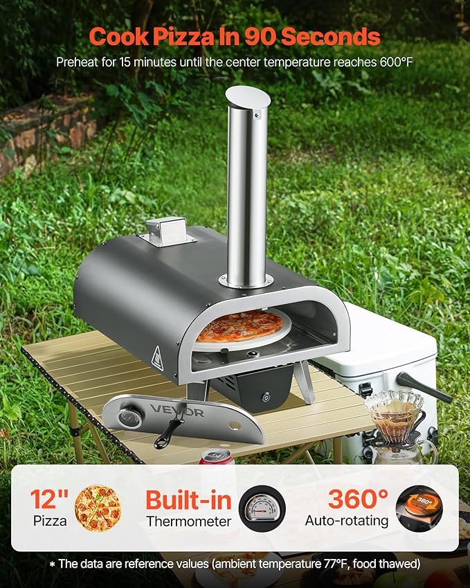 VEVOR Wood-Fired Pizza Oven Outdoor, 12" Auto Rotate Pizza Ovens, Portable Pellet Pizza Maker with Thermometer & Electric Rotating System, Pizza Stone, Carry Bag & Shovel for Backyard, Patio, Camping