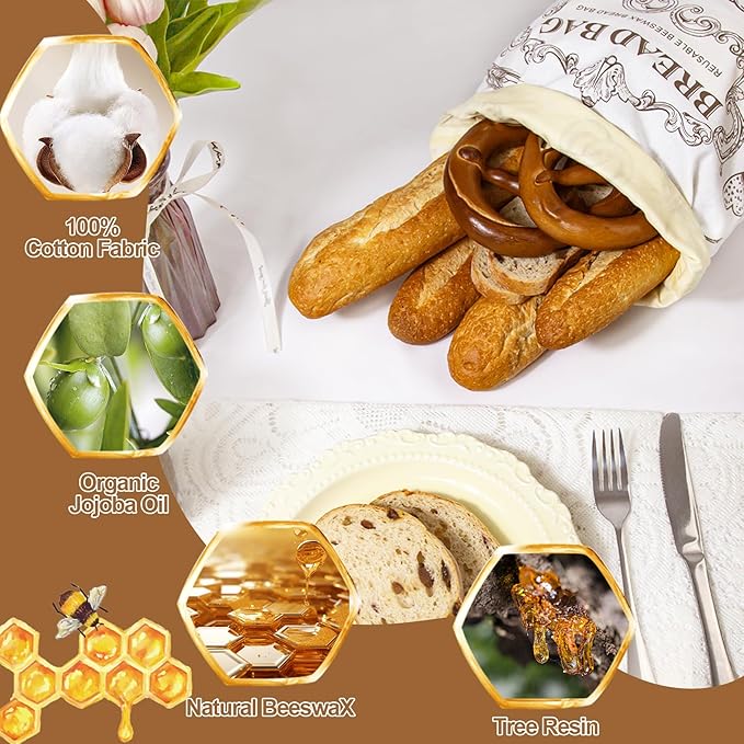 Reusable Beeswax Bread Bags - Large Capacity Cotton Storage for Homemade, Sourdough & Fresh Bread | Food-Grade Eco-Friendly Storage Solutions