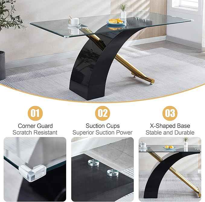 7 Piece Glass Dining Table Set for 6, 63" Modern Kitchen Table with 6 White Velvet Chairs, Tempered Glass Tabletop with Black X-Shaped MDF Base, Modern Dining Room Set for Kitchen and Dining Room
