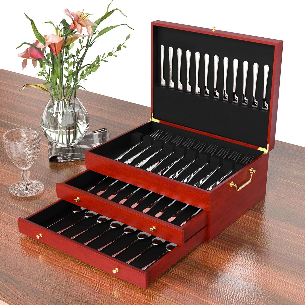 Silverware Storage Box 3-Layer Wooden Silverware Chest 15x11in Flatware Storage Case with Handle and Felt Lined Luxury Style Decor to Store Sterling Silver Ware Cutlery Sets for Home Restaurant