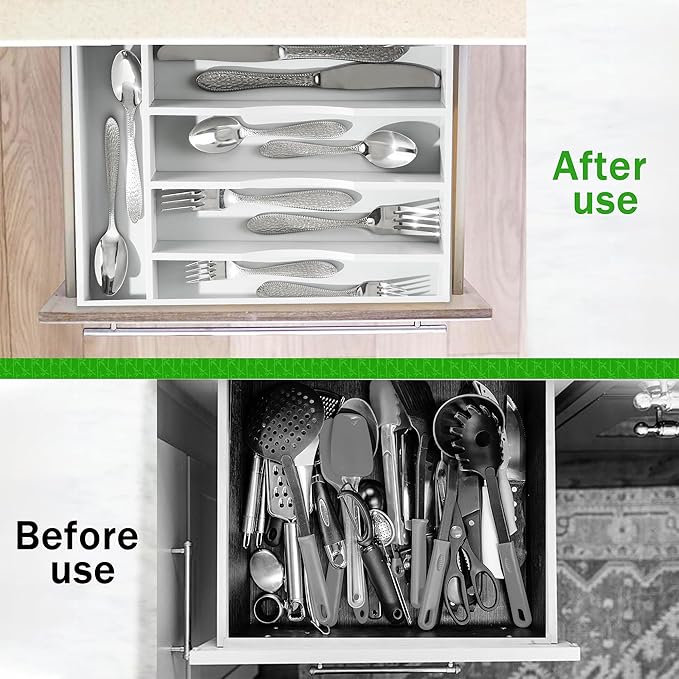 Greenual White Silverware Organizer 10 In Utensil Organizer Silverware Tray for Drawer Cutlery Flatware Organizer for Kitchen Bamboo Wood