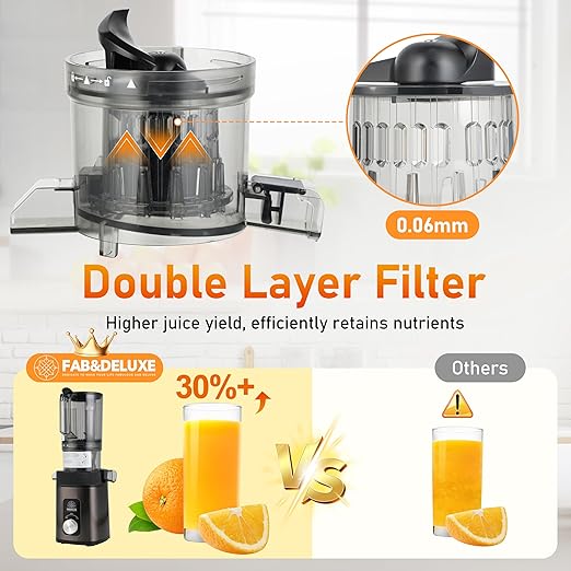 FAB&DELUXE Cold Press Juicer - 34oz Juicer Machines with 4.3" Wide Feed Chute, Slow Masticating Juicer for Fruits and Vegetables, 99% High Juice Yield, Reverse Function, Dishwasher Safe