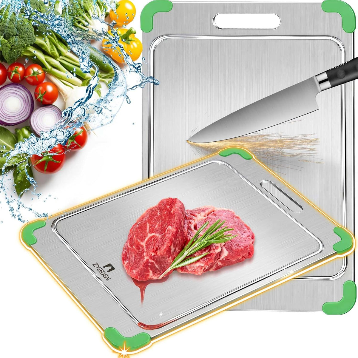100% Pure Titanium Cutting Board with Grooves, Update Double Side Titanium Chopping Board, Silicone Anti-slip Stainless Cutting Boards for Kitchen 12 * 18 IN, Green