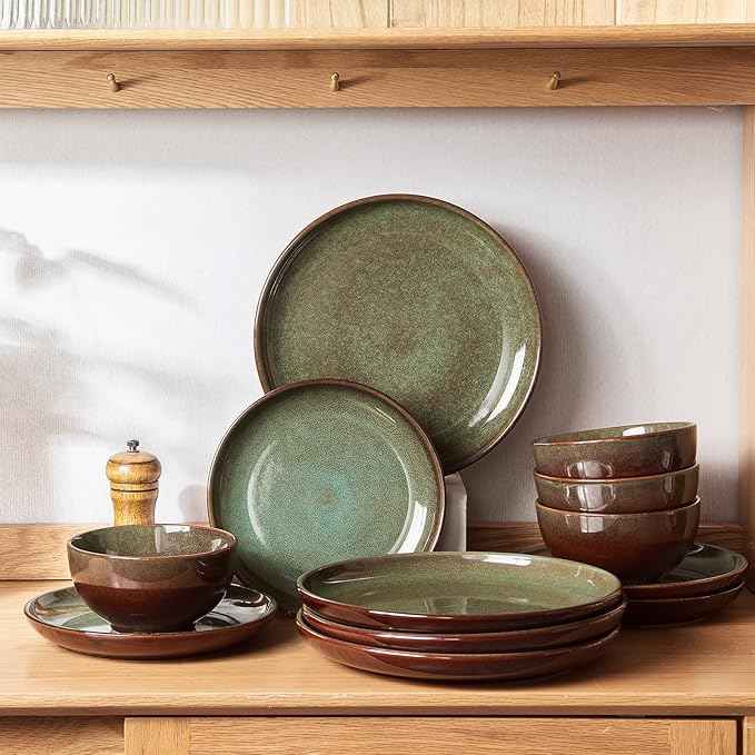 32 Piece Double Bowl Dinnerware Sets with Pasta Bowls, Highly Chip and Crack Resistant Plates and Bowls Sets, Natural Earthyware Ceramic Dishware Sets, Service for 8 Brown Green