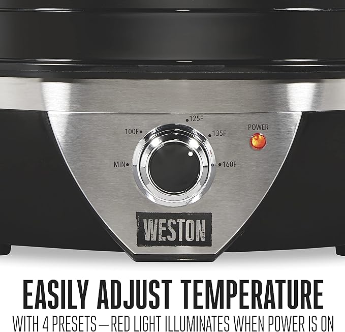 Weston Food Dehydrator Machine for Jerky, Fruit, Meat, Herbs, Vegetables, with Temperature Control (100-160F), 4 Stackable Trays (3 Sq. Ft.), Black & Stainless Steel Accents (75-0640-W)