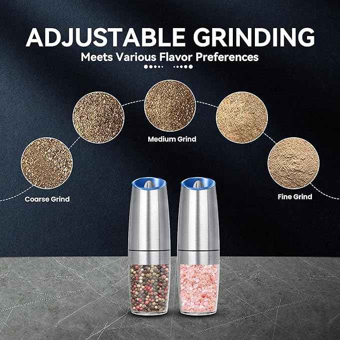 Gravity Electric Salt and Pepper Grinder set of 2, Automatic Salt And Pepper Grinder Set, Adjustable Roughness, Battery Powered, LED Light, 2 Pack, (Silver)