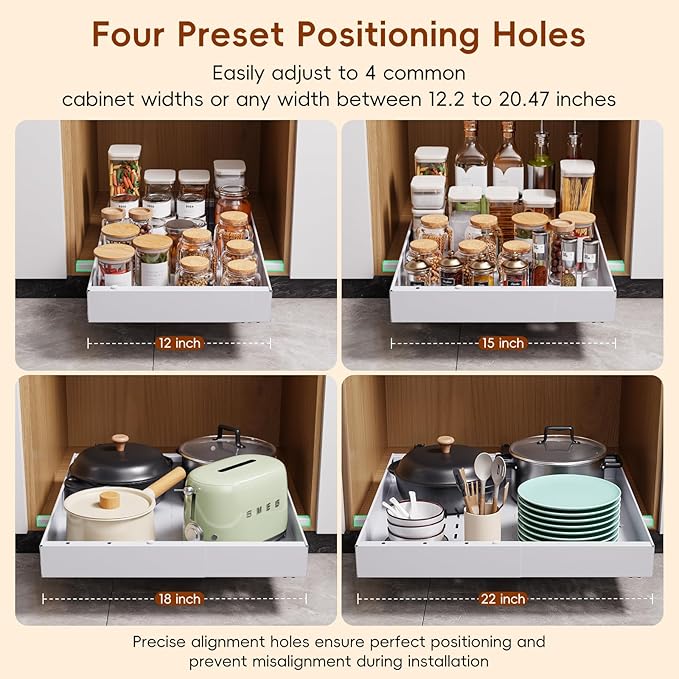 OneDream 2 Pack Pull Out Cabinet Organizer, 21" Deep Slide Out Drawers for Kitchen Cabinets, No Drill Adhesive Pull Out Drawers for Cabinets, Roll Out Shelves Adjustable Width 12.05"-20.4"