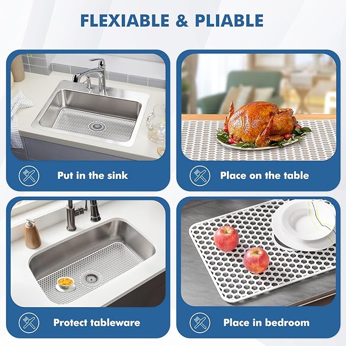 Bestjing Silicone Sink Protectors for Kitchen Sink with Center Drain - 29.7"x 15.5" Kitchen Protector Accessory, Non-Slip Heat Resistan Mat for Bottom of Farmhouse Stainless Steel Porcelain (White)