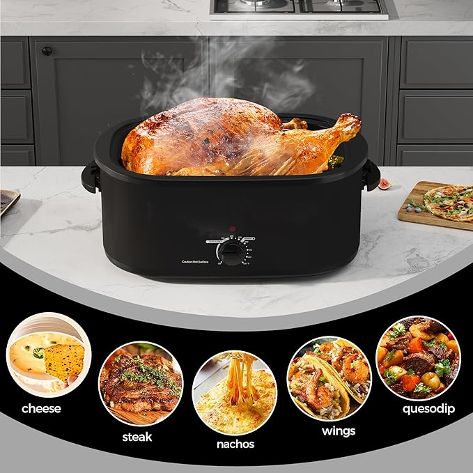 20Qt Roaster Oven Buffet with Self-Basting Lid, 1450W Stainless Steel Electric Turkey Roaster Oven with Cool-Touch Handles, Removable Pan and Rack, Black