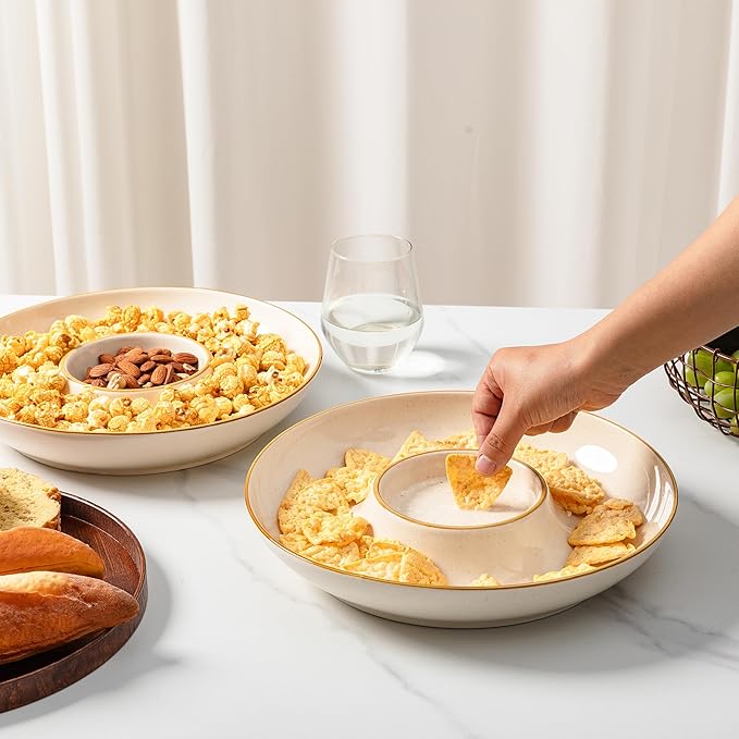 LEHAHA Porcelain Chip and Dip tray, Set of 2,12 inch Ceramic Serving Tray, Divided Serving dip Platter, Porcelain dip bowl, salsa bowl, Microwave and Dishwasher Safe, Dark Cream