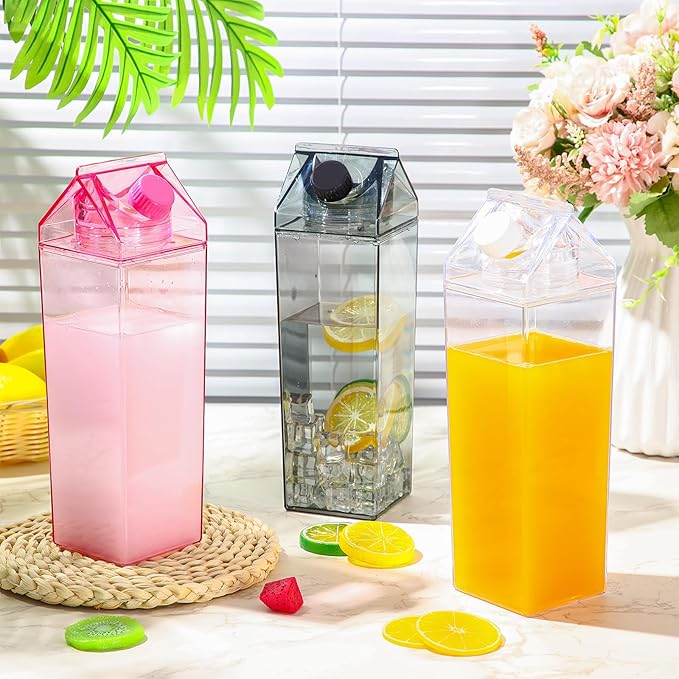 Remerry 3 Pcs Milk Carton Water Bottle Square Plastic Coffee Portable Reusable Milk Carton Cup Leakproof Juice Bottle
