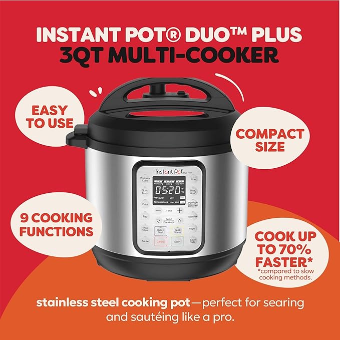 Instant Pot Duo Plus 9-in-1 Electric Pressure Cooker, Slow Cooker, Rice Cooker, Steamer, Sauté, Yogurt Maker, Warmer & Sterilizer, Includes App With Over 800 Recipes, Stainless Steel, 3 Quart