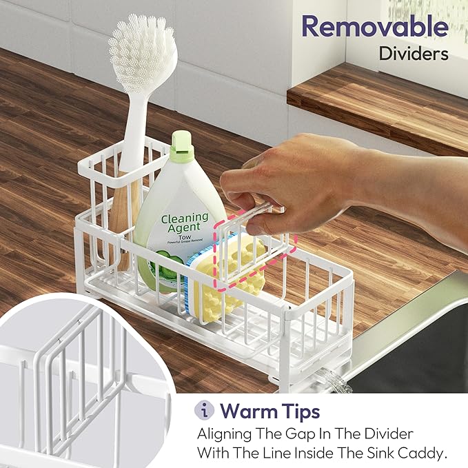 SWTYMIKI Sponge Holder for Kitchen Sink - Sink Caddy with Brush Holder Self-draining Sponge Caddy Organizer with Divider Stainless Steel Kitchen Accessories Storage for Countertop, White