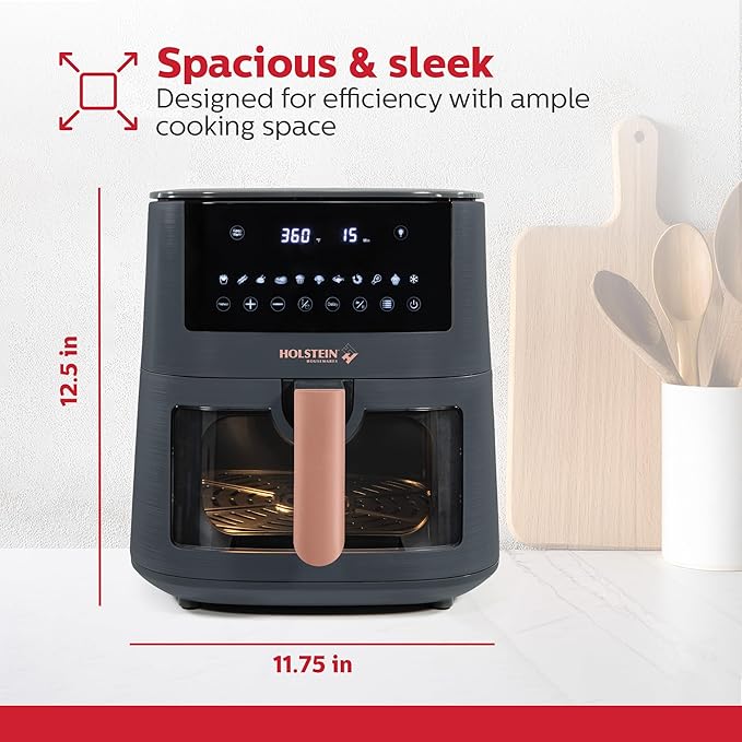 Holstein Housewares 7.6 QT Digital Air Fryer 8-in-1 with Hot Air Technology, Family Size, Viewing Window & Led Display. Air Fry, Bake, Grill, Dehydrate & Roast, Less Oil Use for Healthier Meals