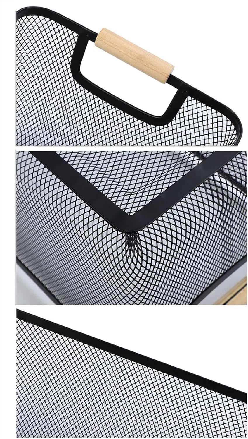 Metal Mesh Steel Basket, Medium Wire Storage Organizer Basket Multi-function Hanging Kitchen Basket with Wood Handle for Kitchen Bathroom Picnic Home, Rectangle-Black