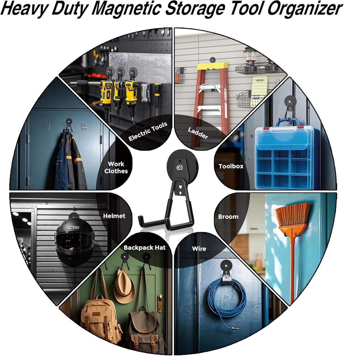 6 Pack Heavy Duty Storage Magnetic Utility Hooks Large Garage Strong Extra Magnet Hooks Hanger with Anti-Slip Coating Heavy Duty Magnetic Hooks for Hanging Power Dril Garage Garden Tools Black