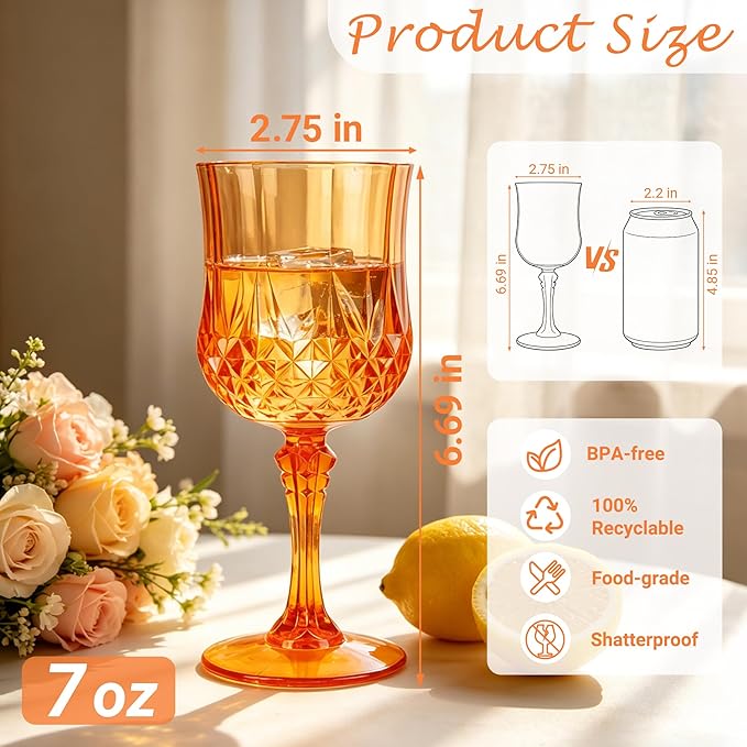 Plastic Wine Glasses, Plastic Goblets Vintage Style Cordial Unbreakable Drinking Glasses, Reusable Drinkware for Wedding Reception, Grand Event Party Supplies (12, Pumpkin orange)