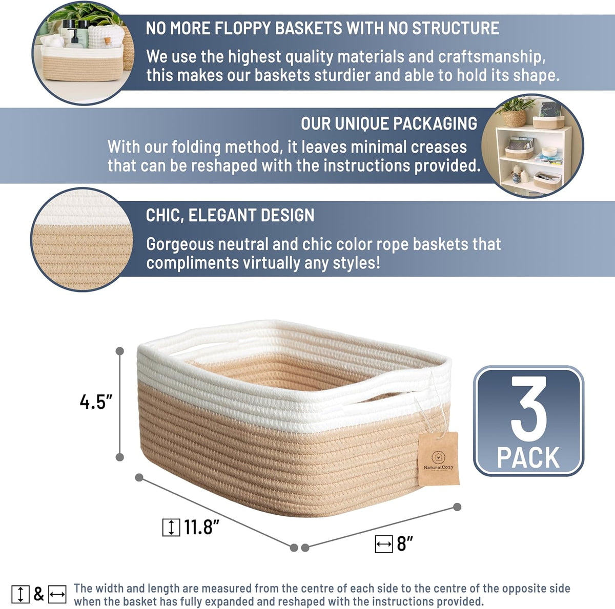 NaturalCozy 11.8"x8"x4.5” Storage Baskets for Shelves 3 Pack | Cotton Rope Woven Small Baskets for Organizing | Small Storage Bins for Nursery, Bathroom, Closet, Cube Shelf, Decorative, Gift Basket