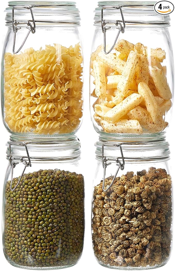 ODBCYWM 34oz Glass Food Storage Jars with Airtight Lids, Set of 4 – Clear Preserving Seal Wire Clip Fastening Canisters for Kitchen Canning, Flour, Cereal, Pasta, Sugar, Beans, Pickling Jars (34oz*4)