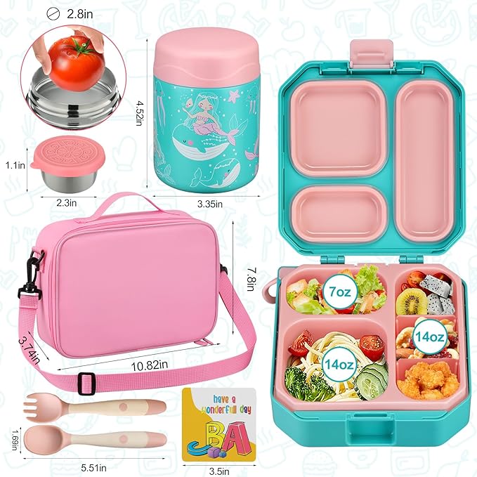 wiwens Bento Lunch Box for Kids with 12oz Soup Thermo Leak-Proof Lunch Food Container with 5 Compartment Thermo Hot Food Jar and Insulated Lunch Bag for Kid Toddler Girls Boys to School