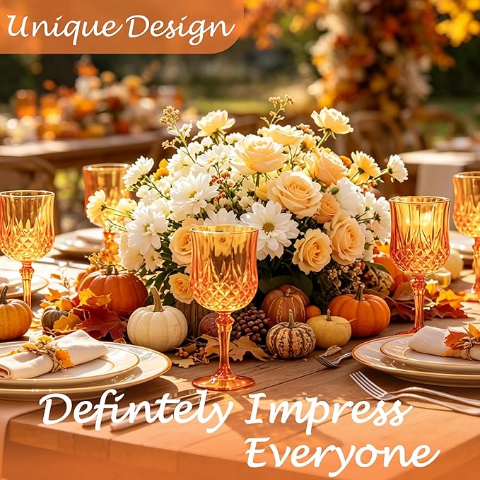 Plastic Wine Glasses, Plastic Goblets Vintage Style Cordial Unbreakable Drinking Glasses, Reusable Drinkware for Wedding Reception, Grand Event Party Supplies (12, Pumpkin orange)