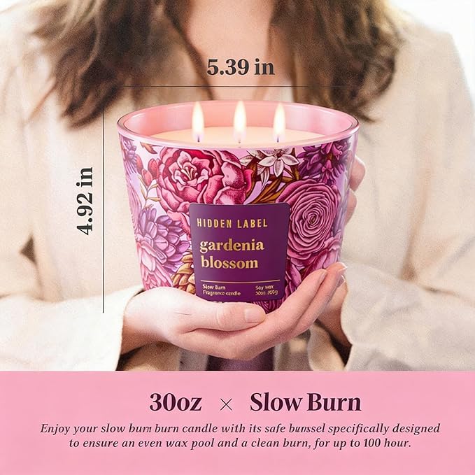 Hidden Label Gardenia Blossom Scented Candle, 30oz Large 3 Wick Natural Soy Wax Candle, 100 Hours Slow Burn Aromatherapy Candle for Stress Relief, Relax & Sleep, Gifts for Women & Men
