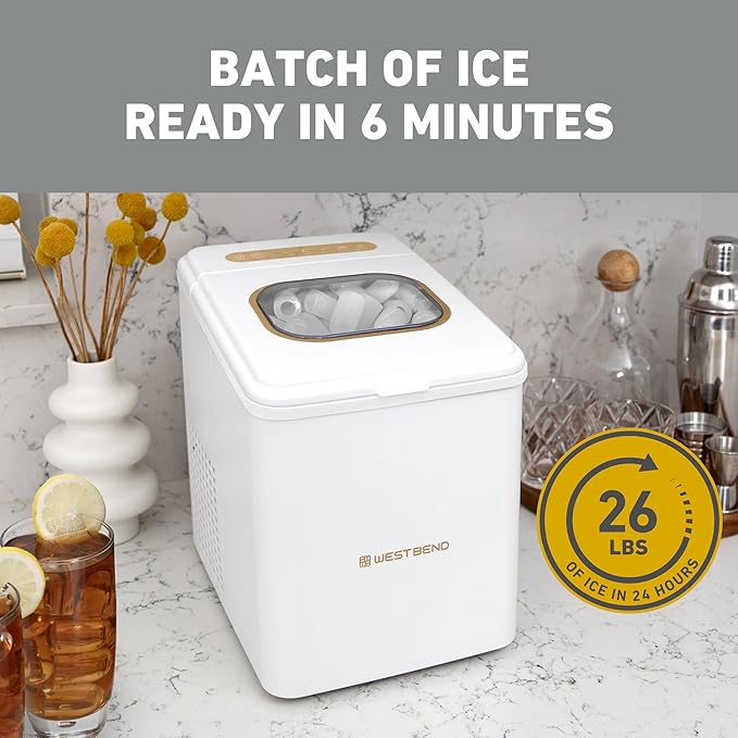 West Bend Timeless Ice Maker Mighty Ice Countertop Design Makes 26 Pounds of Bullet-Shaped Ice Cubes in 24 Hours, Digital Touch Controls and Self Cleaning Function, Includes Scoop, White/Gold