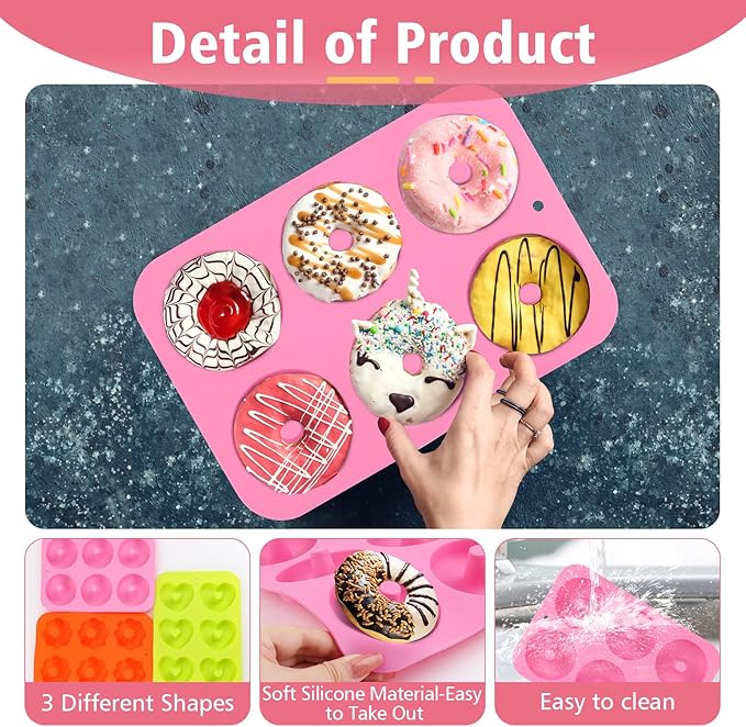 3 Pack Silicone Donut Pan, Non-stick Doughnut Molds for Baking, 6 Cavity Donut Maker Muffin Cupcake Bagel Making Tray (Pink, Orange, Green)