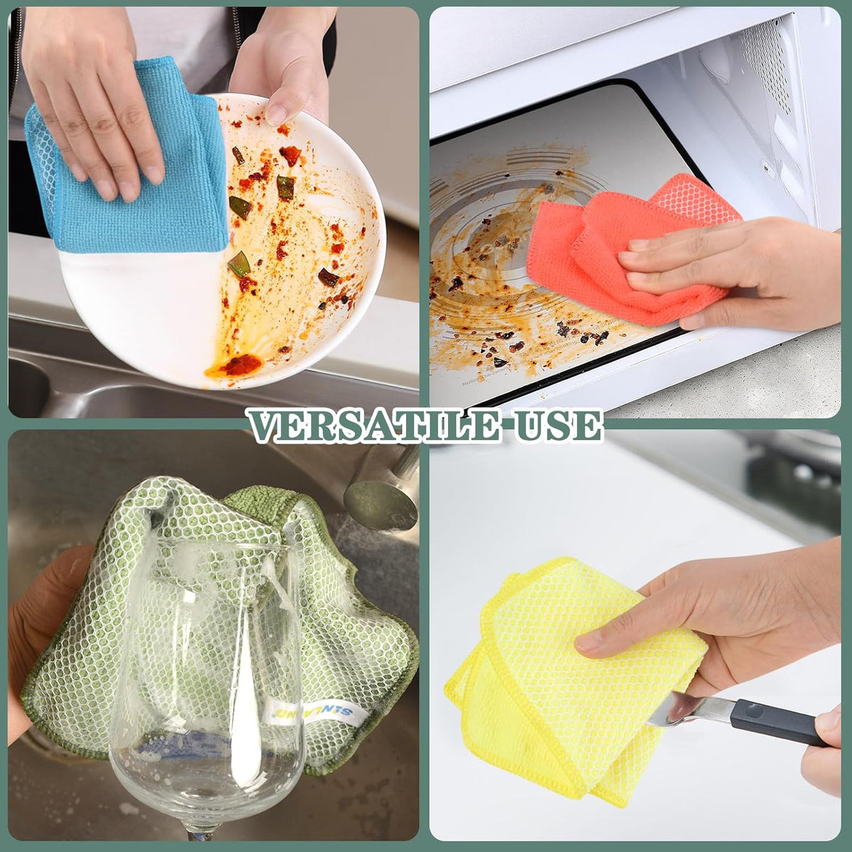 SINLAND Microfiber Dish Cloth for Washing Dishes Dish Rags Best Kitchen Washcloth Cleaning Cloths with Poly Scour Side 5 Color Assorted 7.87inchx7.87inch 10pack
