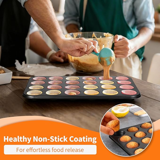 TeamFar 2 Pack Mini Muffin Pan, 24-Cup Non-Stick Carbon Steel Cupcake Tray Tin for Baking, Small Cup Cake Bakeware for Bite-Sized Cheesecake Tart Quiches, Even Baking & Effortless Release & Easy Clean