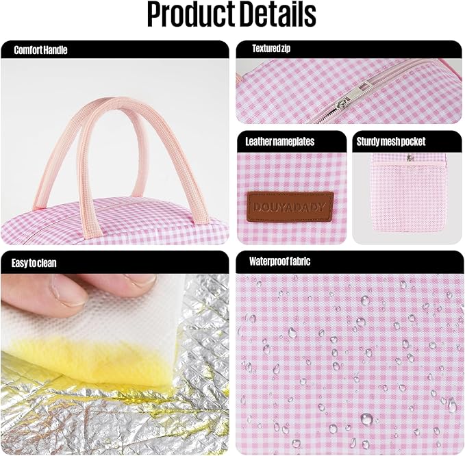 douyadady Lunch Bag Women/Men Lunch Box Women/Men (Pink+White Grid)