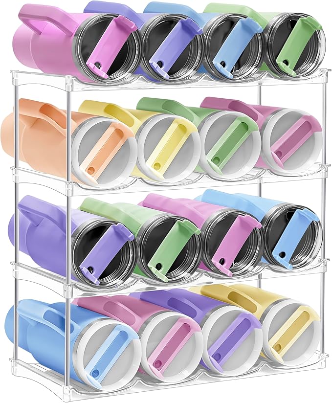 Water Bottle Organizer - Stackable Water Bottle Holder for Cabinet, Large Compartment Tumbler Organizer Wine Racks, Kitchen Organization and Storage for Stanley Cup Holder, 4 Tier Hold 16