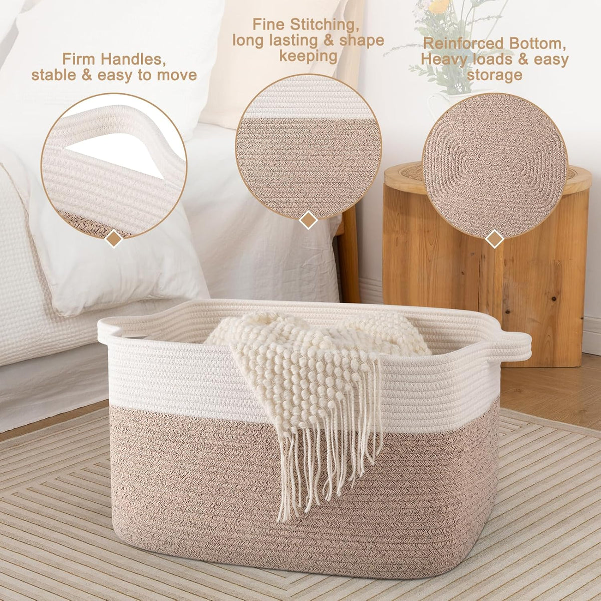 65L Large Storage Basket, Cotton Rope Woven Blanket Basket, Toy Storage for Baby Room, Living Room, Brown & White