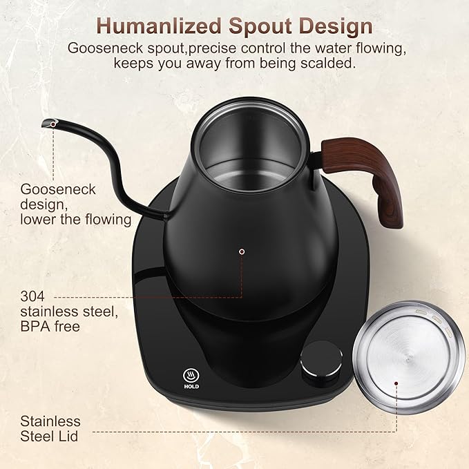 Gooseneck Electric Kettle, Intelligent Temperature Control, Stainless Steel Inner, Quick Heating, for Pour Over Coffee, Brew Tea, Boil Hot Water, 1000W 0.9L Black
