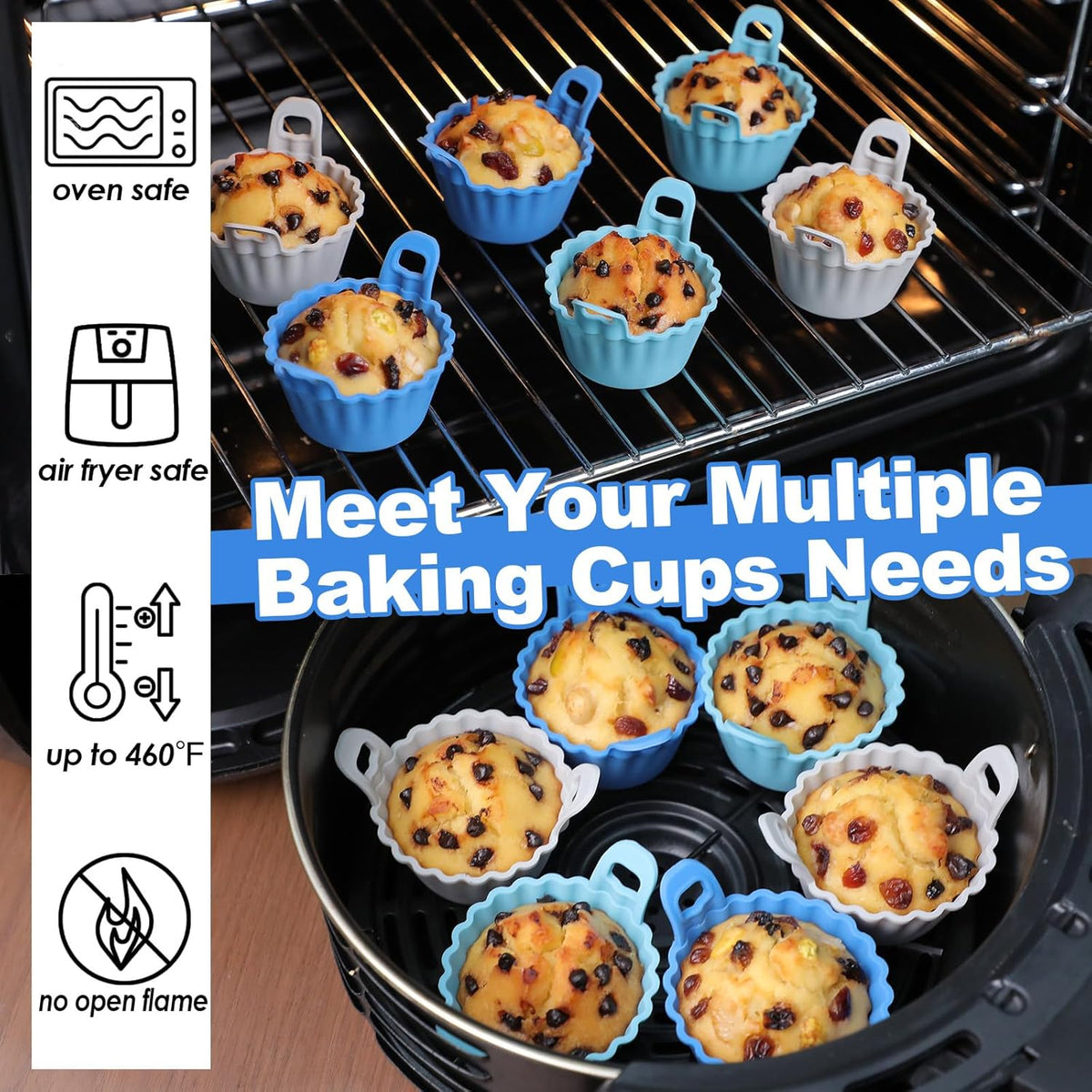 Koluti Nonstick Silicone Muffin Baking Cups Pack of 12, Reusable Cupcake Molds with Double Handle, BPA Free, Mini Round Air Fryer Cupcakes Liner, 3 Colors