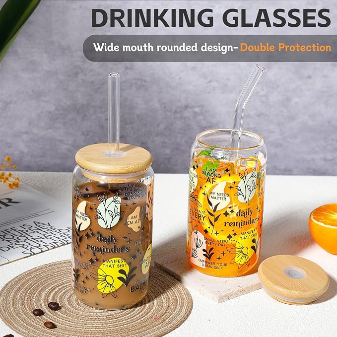 DWTS DANWEITESI Glass Cups with Lids and Straws with Design 4 pcs（Daily Reminder）,Clear Glass Cups 16 oz-Glass Tumbler,Cute Design Glass Iced Coffee Cups Mental Health Positive