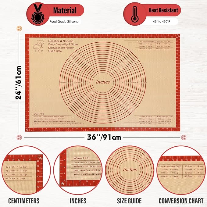 Silicone Pastry Mat 36x24 Inch Extra Large Baking Mat with Measurements, Nonstick Kitchen Counter Mats for Dough, Pastry, Dough Rolling, Kneading Board, Pie Crust, Fondant, Bread, Pasta, Pizza