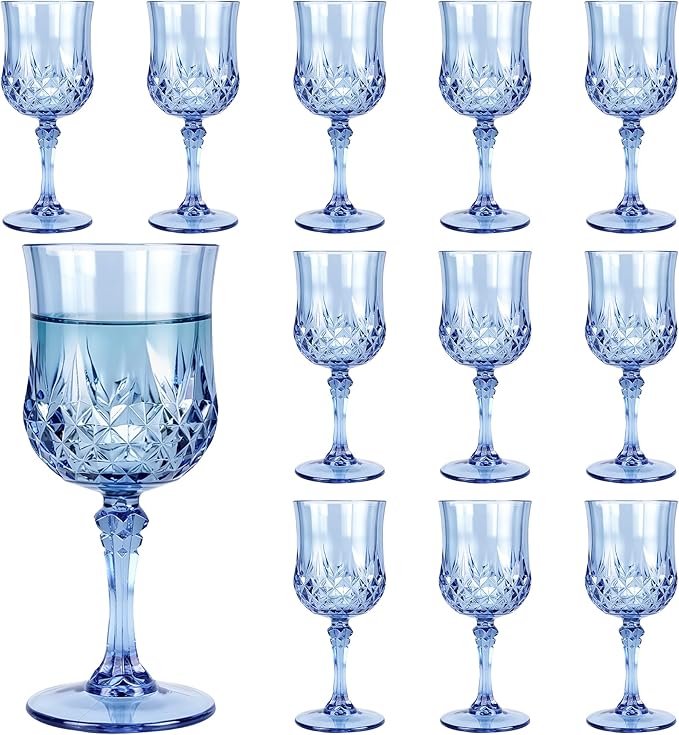 Plastic Wine Glasses, Plastic Goblets Vintage Style Cordial Unbreakable Drinking Glasses,Reusable Drinkware for Wedding Reception, Grand Event Party Supplies(12, Blue)