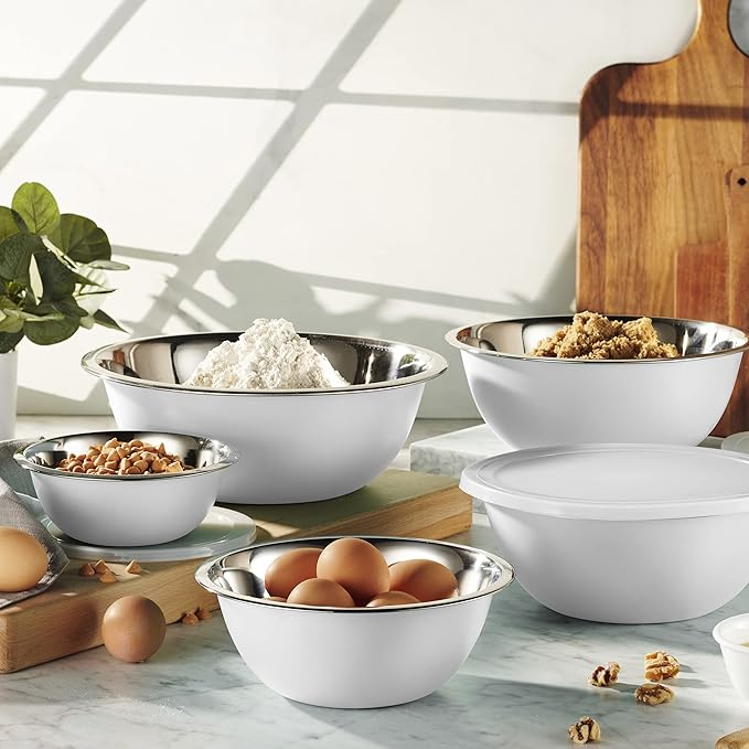 WHYSKO Stainless Steel Mixing Bowl Set, 10 Piece Stainless Steel Mixing Bowls with Lids Set for Food Prep Storage and Serving, Dishwasher Safe for Kitchen Baking Cooking, White