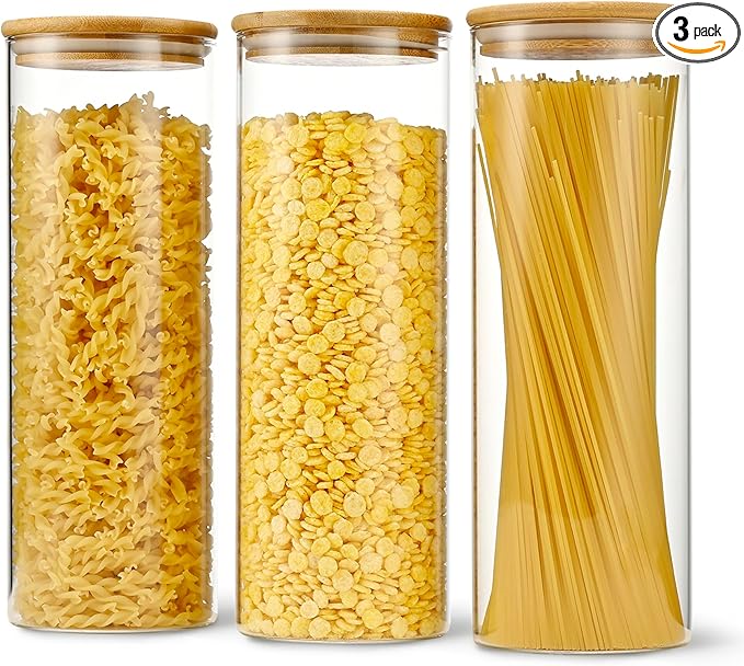 D2scrma 70oz Straight cylindrical Airtight Storage Jars with Bamboo Lid Set of 3 Storage Container Glass Jars, Kitchen Canister for Noodles, Pasta and Coffee beans (‎with Black Lable)