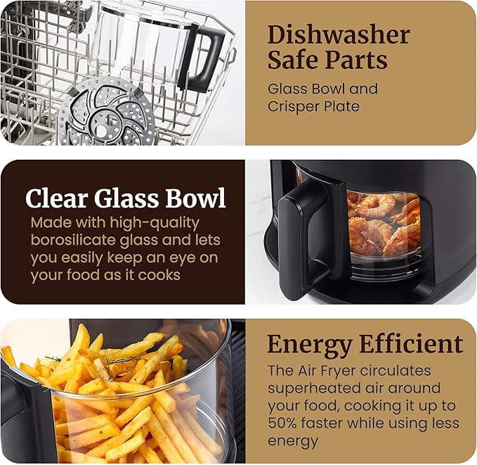 Elite Gourmet Glass Air Fryer, 2.4 Qt Compact Size for 1–2 People, PFAS-Free Ceramic & Glass Basket, Visible Cooking, Adjustable Temp 175–400°F, 1150W, Black