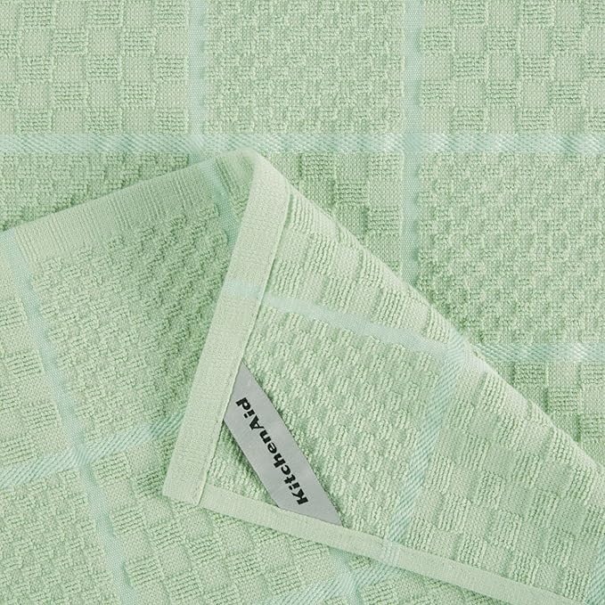 KITCHENAID Quilted Cotton Terry Cloth Oven Mitt, Pot Holder, Kitchen Towel 4-Pack Set, Heat Resistant, Silicone Grip, 16"x26", 7"x13" & 7"x10", Pistachio