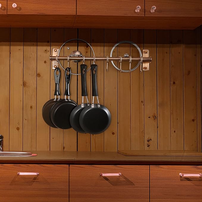 Dseap Kitchen Utensil Holder Hanger, Pot and Pan Rack Wall Mount, Kitchen Rail with 8 Hooks for Hanging Cooking Utensils, Mugs, Spoons, Wall Mounted, Stainless Steel, Antique Copper