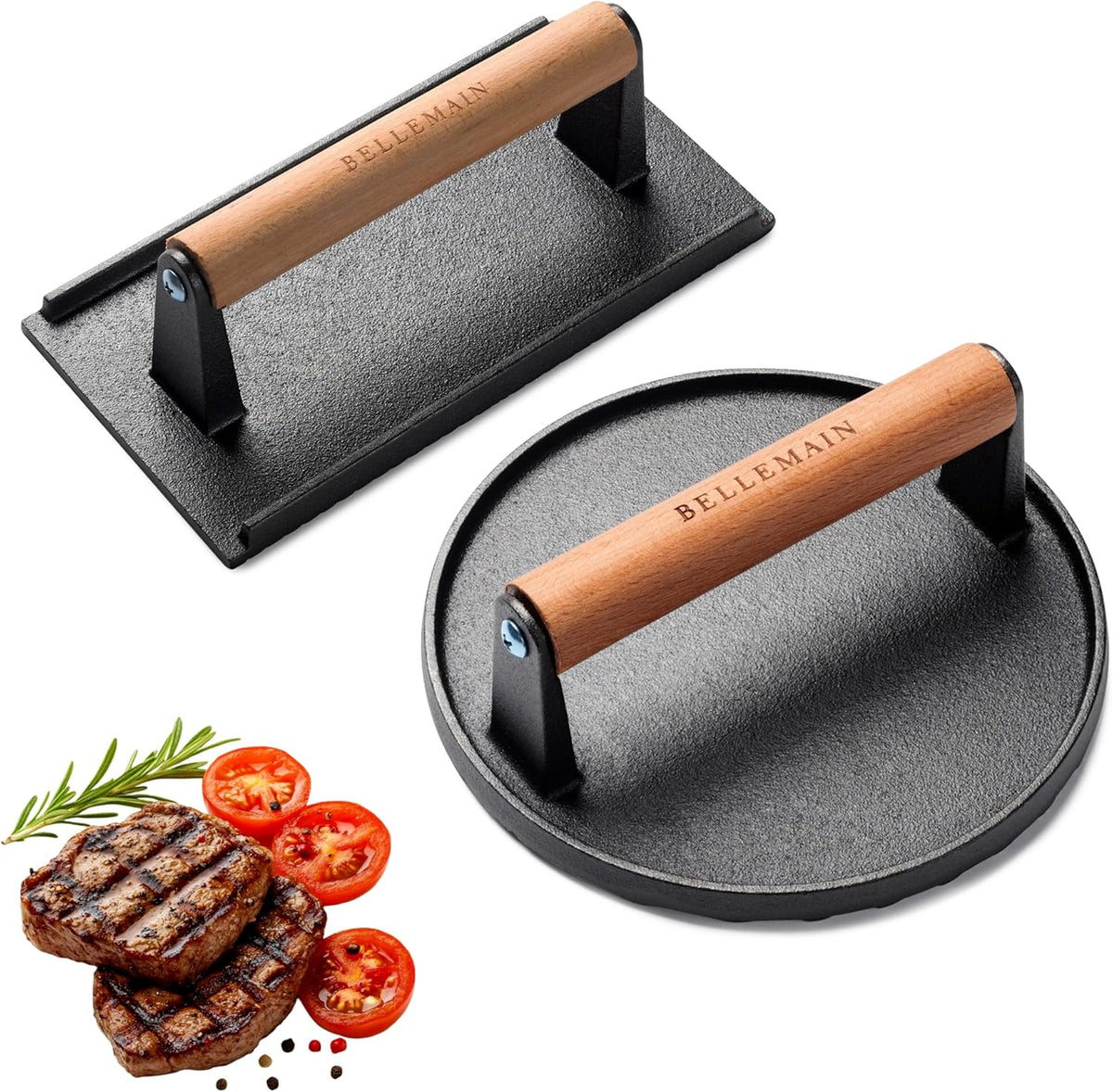 Bellemain Heavy-Duty Cast Iron Grill Press Set – Perfect Smash Burger Press & Steak Tool with Ergonomic Wood Handle for Pro-Level Searing on Griddle, Skillet, or BBQ
