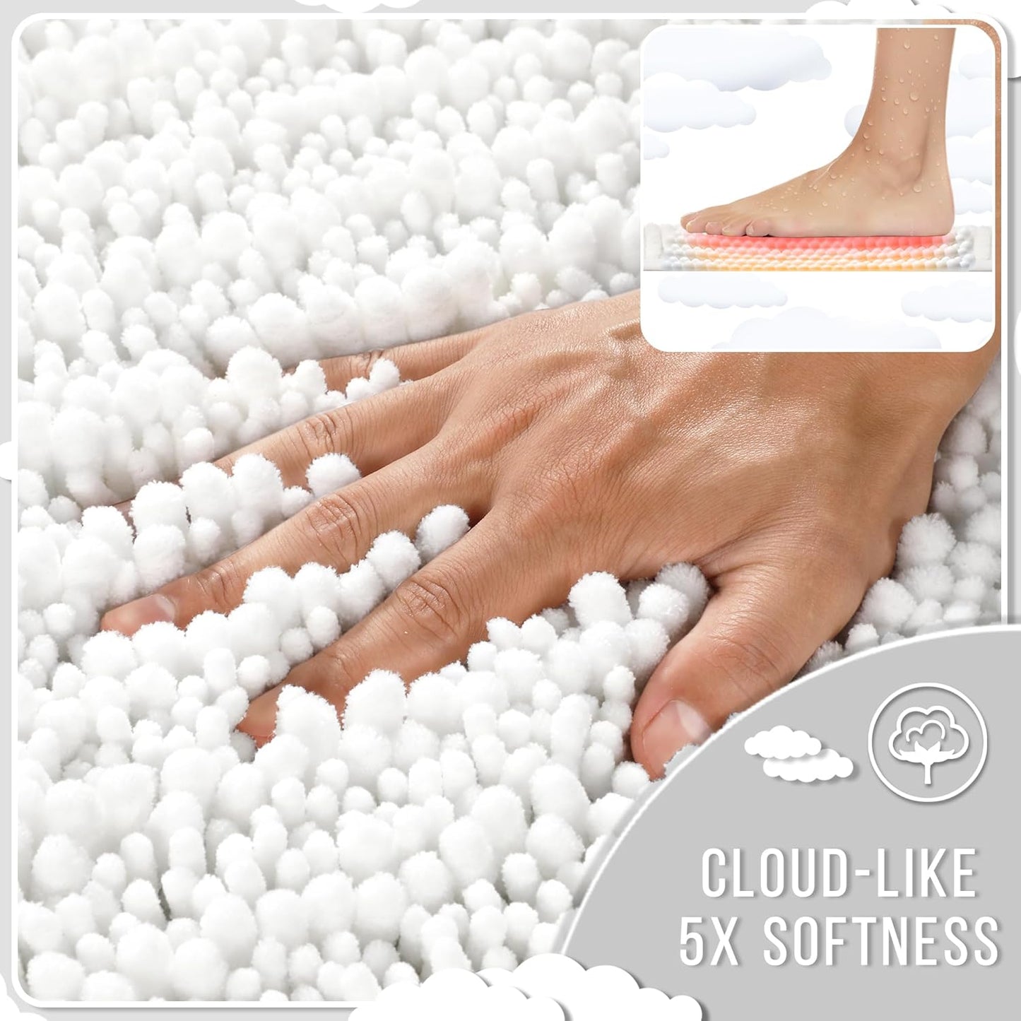 Yimobra Long Bathroom Rugs Non Slip Washable 44x24 Inch - Ultra Soft Absorbent Chenille Bath Mat, Quick Dry Shaggy Floor Carpet for Tub Shower, White Home Decor Accessories