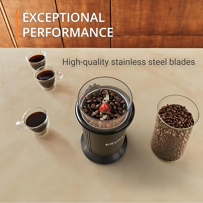 KRUPS Electric Blade Coffee Grinder 1.6 Oz, Adjustable Coarse to Fine for the Perfect Espresso, Grind Coffee Beans, Spices & Herbs, Removable Dishwasher Safe Bowl, Black