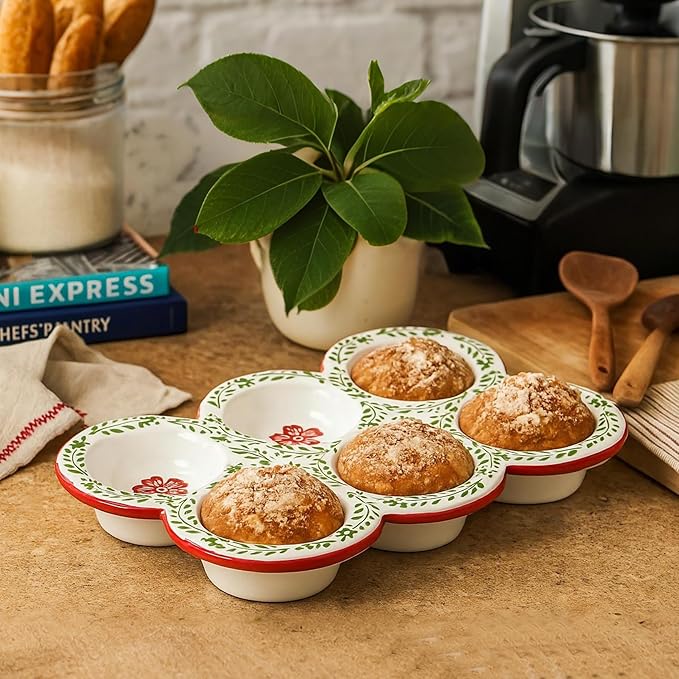 Hiceeden 2 Pack Ceramic Muffin Pans, 6 Cup Non-Stick Muffin Tin Cupcake Pan, Floral Baking Pans with Red Rim for Puddings, Muffins, Cakes, Quiches, Brownies
