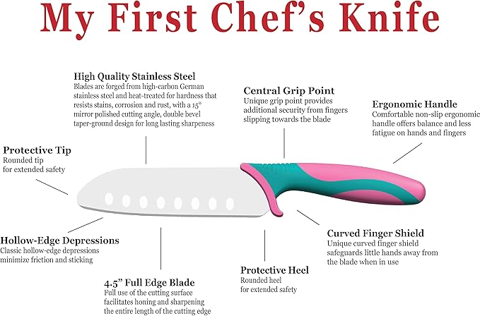 My First Chef's Knife for Kids - NEW! CARNATION/TEAL - w/Protective Safety Sheath - German Stainless Steel - Curved Finger Shield/Childrens Cooking Baking